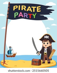Template for invitation on Birthday Pirate Party celebration. Cute girl pirate with sword and map on island with chest and flag. Cartoon character in flat style. Vector illustration