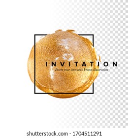 Vorlage für die Einladung. Originelles Design. handgezeichnet, goldener Pinselstrich, Acrylfarbfleck auf weißem Hintergrund, handgezeichnet, Vektorillustration