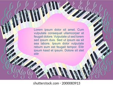 Template for invitation for a piano concert or musical performance, a collage of piano keys and treble clefs
