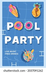 Template of invitation poster on summer pool party. Background with top view on happy people floating and sunbathing on inflatable mattresses. Flat cartoon vector illustration.