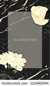 Template for invitation, sales, packaging, cosmetics, perfume. Vector banner with Luxurious gold rose flowers on dark background. Space for text.