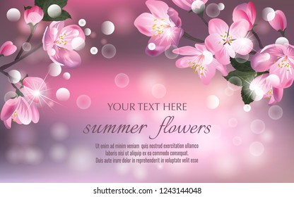 Template for invitation, sales, packaging, cosmetics, perfume. Vector banner with Cherry Blossom. Blossoming sakura branch. Space for text.