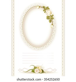 Template invitation to a wedding or anniversary with an oval frame with pearls and lace. At the bottom are located the divider with a flower of rose.