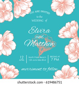 Template for invitation wedding card. Vector floral background with spring flowers of apple, cherry or apricot. Retro botanical illustration with hand drawn blossom almond