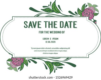 Template invitation wedding with save the date, abstract pink rose flower frame. Vector