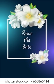 Template of the invitation for the wedding, save the date, floral design of the white magnolia flowers.
