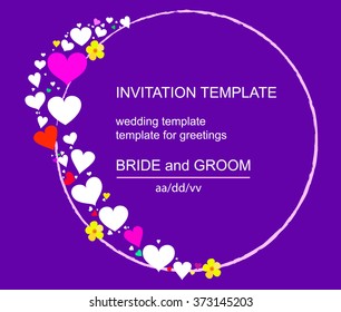 Template invitations multicolored hearts on a purple background. Suitable for Valentine's Day, weddings, parties. Vector illustration.