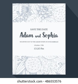 Template invitations in rustic style. Drawing ink. Flowers and plants. Vector background.