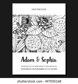 Template invitations in rustic style. Drawing ink. Flowers and plants. Vector background.