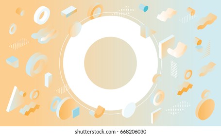 template for invite or sticker with isometric design elements in memphis style, geometric composition, 3d