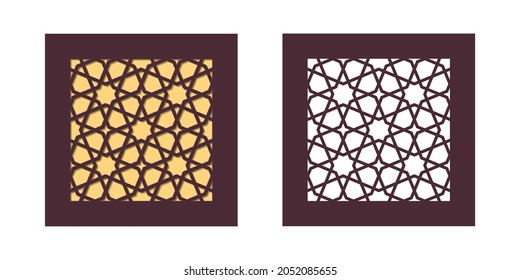 Modelo islámico para corte láser o corte de papel y ejemplo de uso con fondo amarillo. Ilustración vectorial.