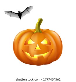 Template Isolated pumpkin and bat on wite background.