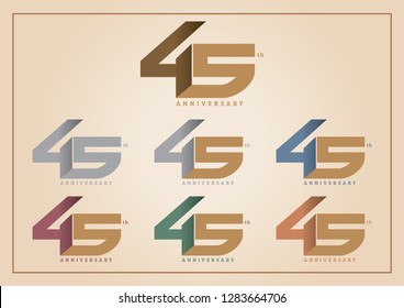 A template isolated vector set of 45th anniversary logo in a variety of colors, Gold, Grey, Blue, Red, Green, orange. Vintage style. with modern cool font, connect number meaning continue development