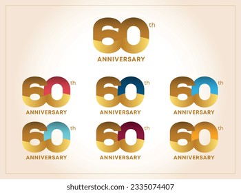 A template isolated vector set of 60th anniversary logo in a variety of colors, Gold, Blue, Red, Green, orange. Vintage style. with modern cool font, gradient curve wave shape, retro vintage style
