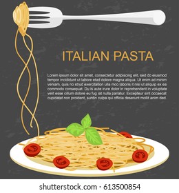 Template of italian spaghetti with tomato with mussels. Trendy concept for pasta label, restaurant menu, cafe, fast food, pizzeria. Vector illustration eps 10