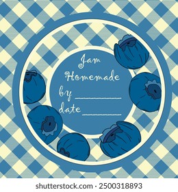 Design des Vorlagenstaus-Labels. Retro hausgemachtes Etikett. Blaubeermarmelade Dessertprodukt. Doodle, Vektorgrafik.