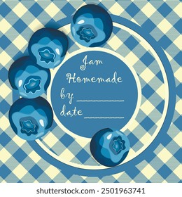 Template jam label design. Retro homemade label. Blueberry marmalade dessert product. Doodle vector illustration.