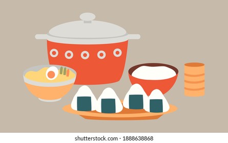 Template for japanese cafe or restaurant. Oriental cuisine dishes flat vector illustration. Demonstration of serving onigiri with nori and rice. Deep bowl of ramen soup isolated on white background