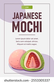 Modelo com japonês desset mochi com morango para festa, convite de aniversário, panfleto, banner de comida doce, venda, menu. Página da Web vertical. Espaço para texto. Ilustração vetorial.