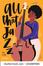 Template for jazz club invitation, music band performance or concert flyer with female musician playing double bass and lettering. Vector illustration in contemporary flat style for event promotion.