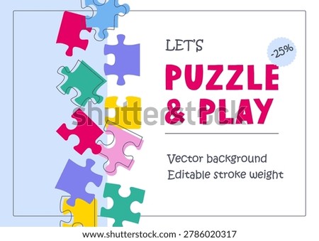 Template with jigsaw puzzle pieces for flyer, sale, birthday invitation, autism poster, puzzle and play party. Space for text. Vector illustration.
