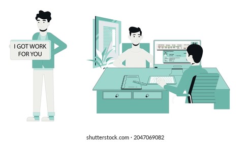 Template for job search presentation. Manager assesses the man who came for a job. 