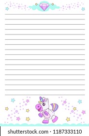 Template kids notebook sheet with cute cartoon unicorn. Children notebook page, scrapbook. Sample for planner blank, cover for scrapbooking, congratulations and invitations. Vector illustration.