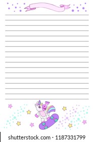 Template kids notebook sheet with unicorn on skateboard. Children notebook page, scrapbook. Sample for planner blank, cover for scrapbooking, congratulations and invitations. Vector illustration.