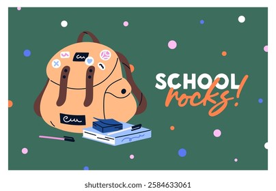 Template of Knowledge Day postcard with school bag, pupils' stationery, books. Design of holiday card with backpack, schoolbag. Cute banner layout with knapsack, rucksack. Flat vector illustration