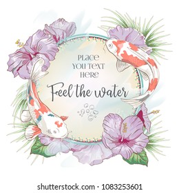 Template with koi and flowers. Round composition with hibiscus and fish. Vector illustration. Happy birthday card. 