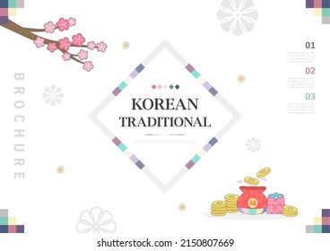 Template with Korean tradition pattern background. Brochure. Translation: "luck" 