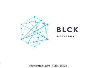 Template label for blockchain technology. Hexagon with connected lines for brand, label, logo, logotype of smart contract block symbol. Design for decentralized transactions. Vector Illustration