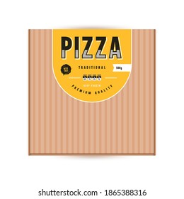 Vorlagenetikett-Design für Pizzakasten. Text auf gelbem Hintergrund