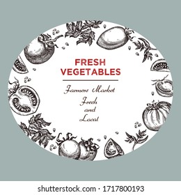 Template for label design with hand drawn linear tomato vegetables. Can be used for brochures, banner, restaurant menu, farmers market and organic food store