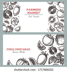 Vorlage für Etikettendesign mit handgezeichnet linearem Tomatengemüse. Kann für Broschüren, Banner, Speisekarte, Bauernmarkt und Bio-Lebensmittelgeschäft verwendet werden