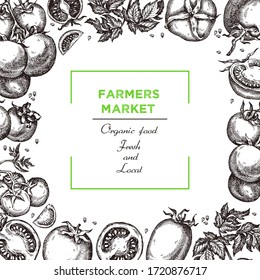 Template for label design with hand drawn linear tomato vegetables. Can be used for brochures, banner, restaurant menu, farmers market and organic food store