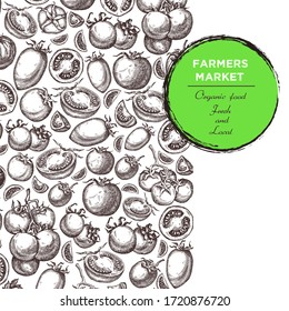 Plantilla para el diseño de etiquetas con verduras de tomate lineal dibujadas a mano. Se puede utilizar para folletos, pancartas, menú de restaurante, mercado agrícola y tienda de alimentos orgánicos
