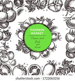 Template for label design with hand drawn linear tomato vegetables. Can be used for brochures, banner, restaurant menu, farmers market and organic food store