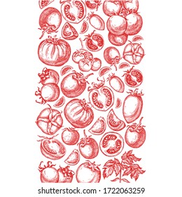 Template for label design with hand drawn linear tomato vegetables. Can be used for brochures, banner, restaurant menu, farmers market and organic food store