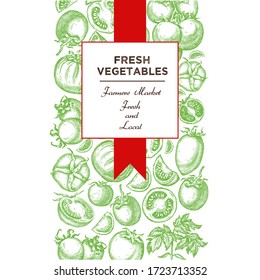 Template for label design with hand drawn linear tomato vegetables. Can be used for brochures, banner, restaurant menu, farmers market and organic food store