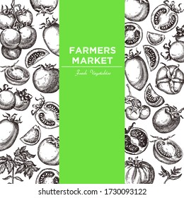 Template for label design with hand drawn linear tomato vegetables. Can be used for brochures, banner, restaurant menu, farmers market and organic food store