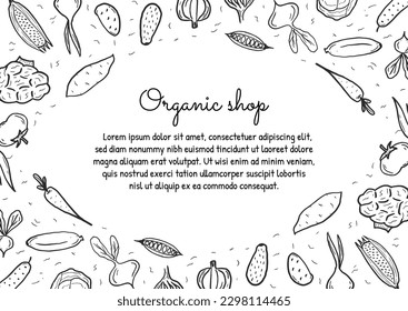 Template for label design with hand drawn linear vegetables. Can be used for banner, vegan products, brochures, menu, farmers shop and organic food market