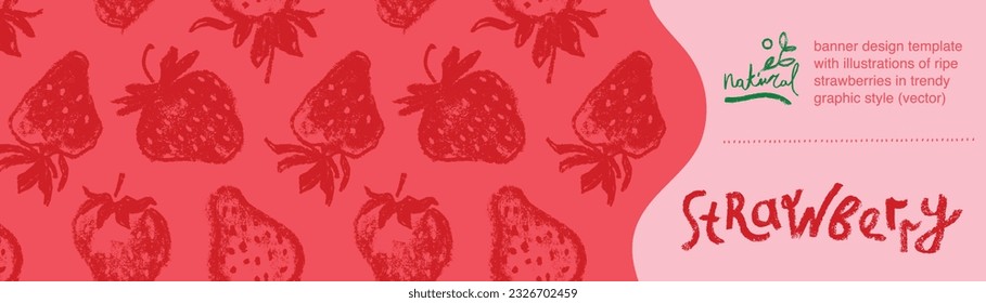 Template label design with hand drawn illustrations of ripe strawberries vector. Strawberry pattern seamless. Red berries for vegan banner, juice, jam label design. Strawberry smoothie background.