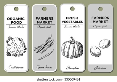Template for label design with hand drawn vegetables. Cauliflower, green beans, potatoes, pumpkin. For vegan products, brochures, banner, restaurant menus, farmers market and packaging of organic food