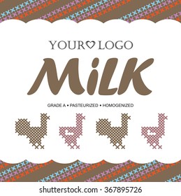 Template label design milk with the concept of cross-stitch