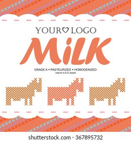 Template label design milk with the concept of cross-stitch