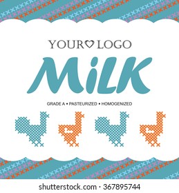 Template label design milk with the concept of cross-stitch