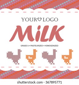 Template label design milk with the concept of cross-stitch