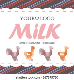 Template label design milk with the concept of cross-stitch