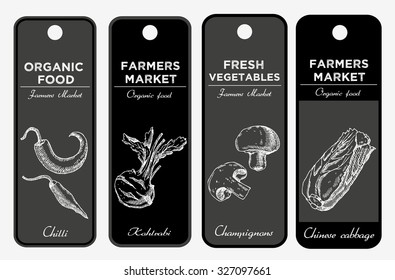 Template for label design with sketched vegetables. Chili, kohlrabi, mushrooms, Chinese cabbage.  for vegan products, brochures, banner, restaurant menu, farmers market and organic food store 